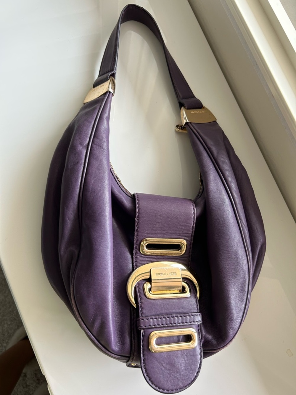 Michael Kors Plum Leather Shoulder Hobo with Gold Hardware